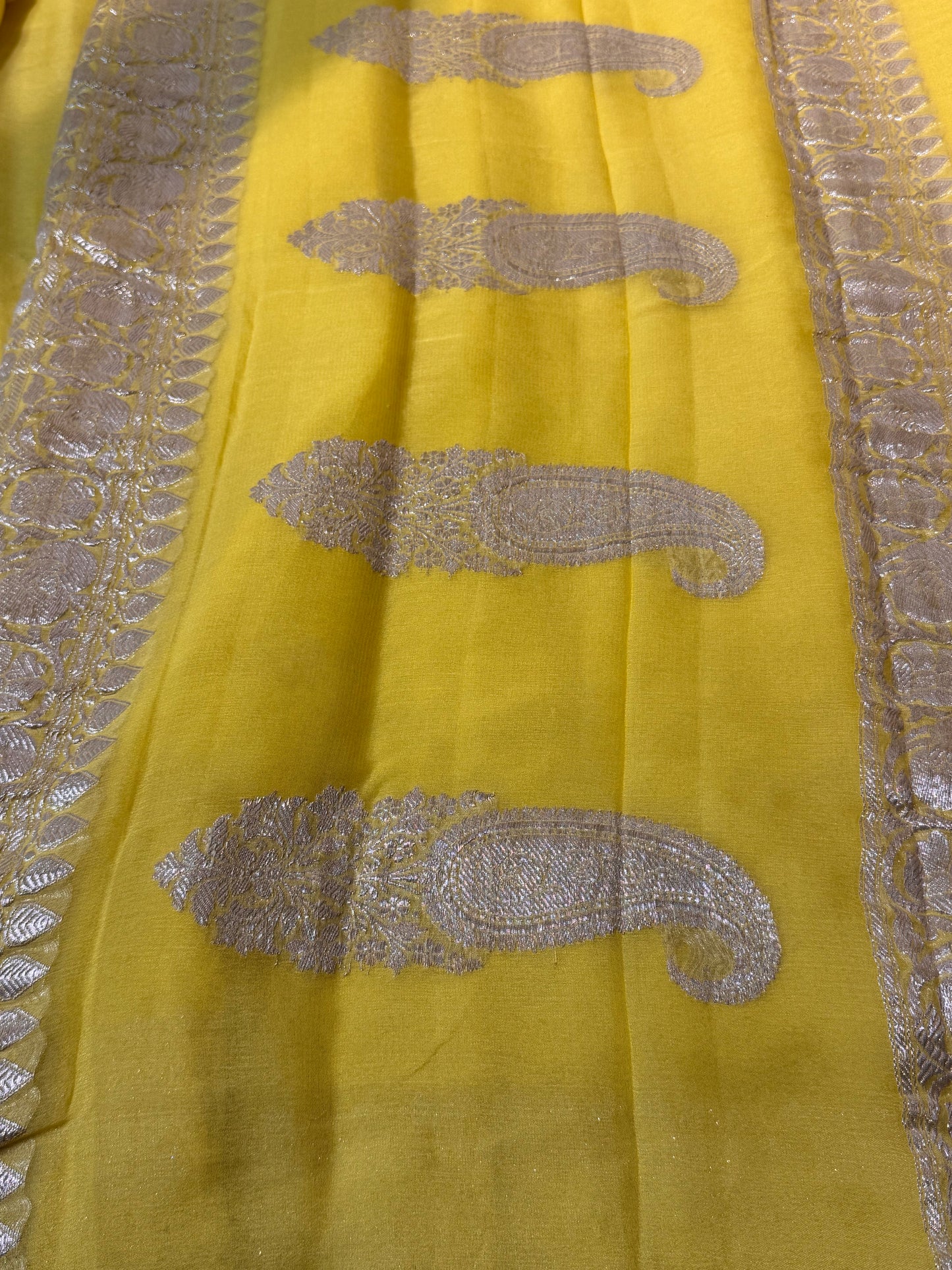 Bright Yellow Khadi Banaras Pure Chiffon Saree