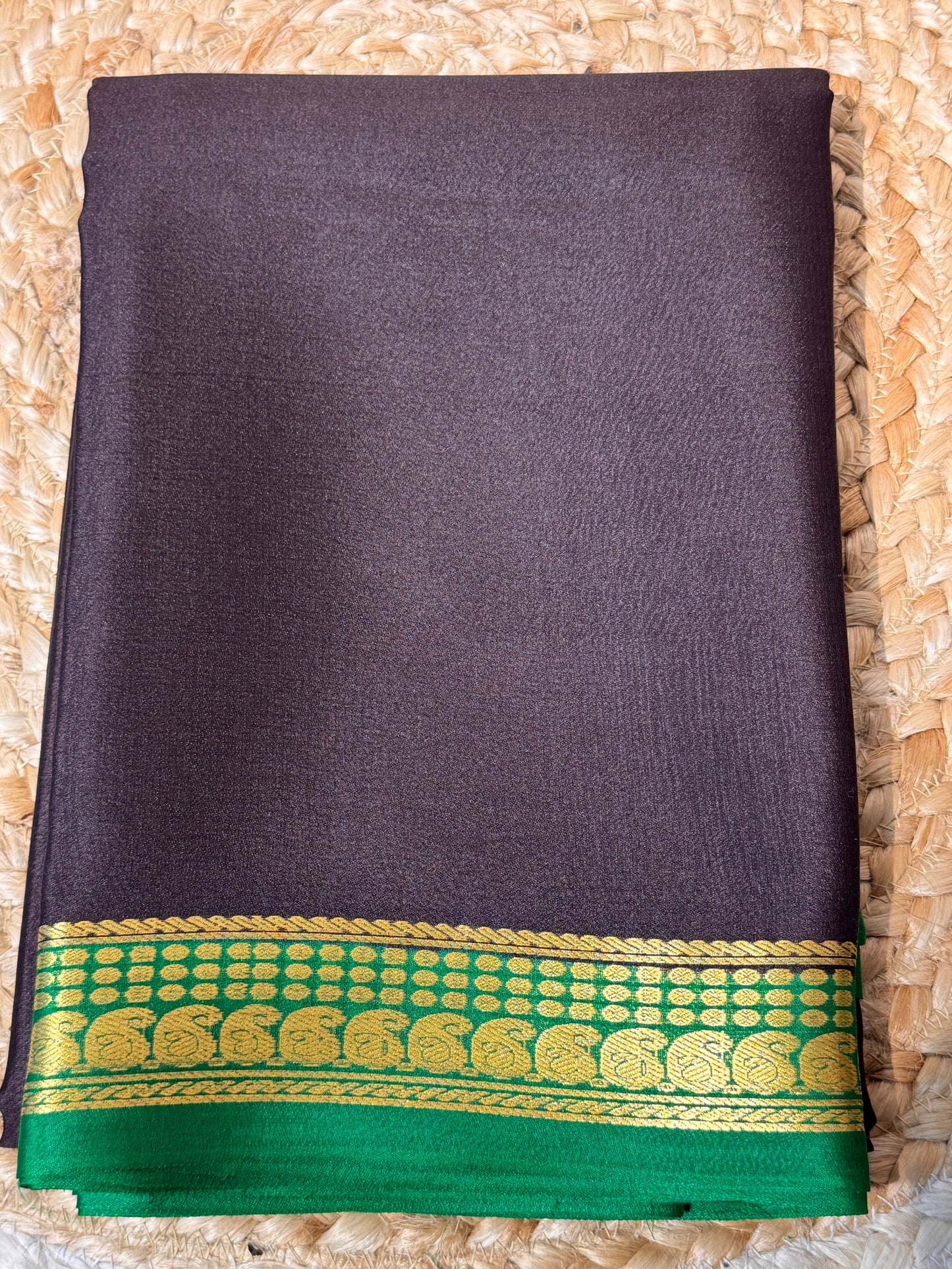Brown with Green Pure Crepe Mysore Silk
