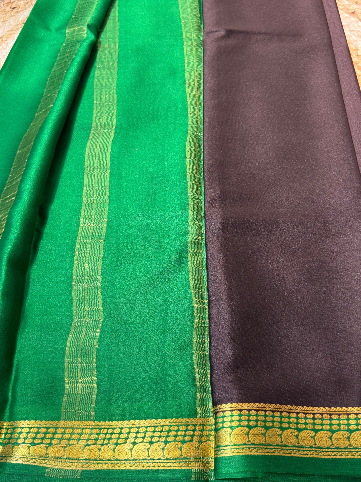 Brown with Green Pure Crepe Mysore Silk
