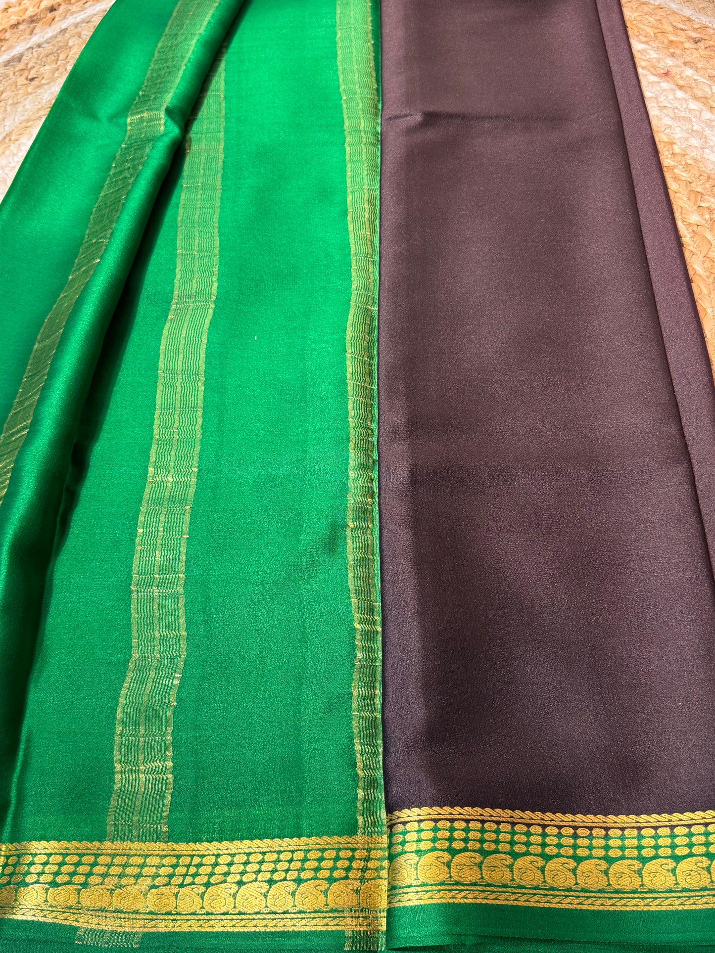 Brown with Green Pure Crepe Mysore Silk