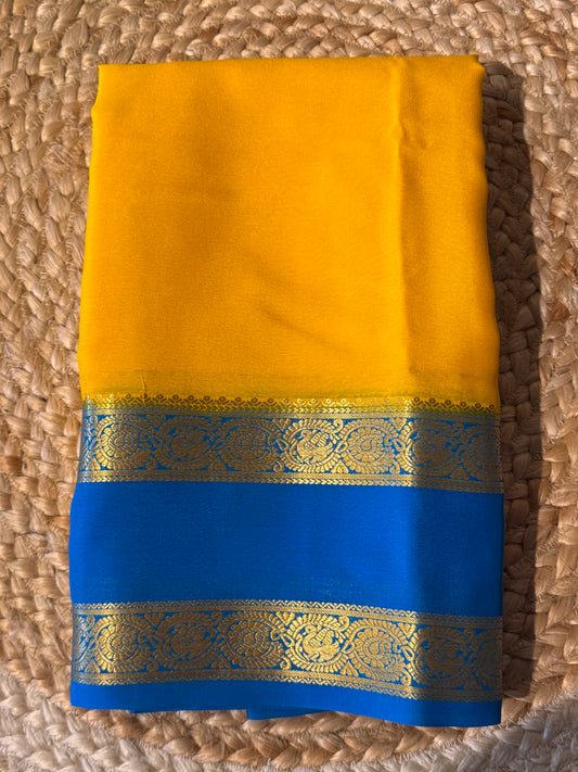 Yellow with Blue Pure Crepe Mysore Silk Saree