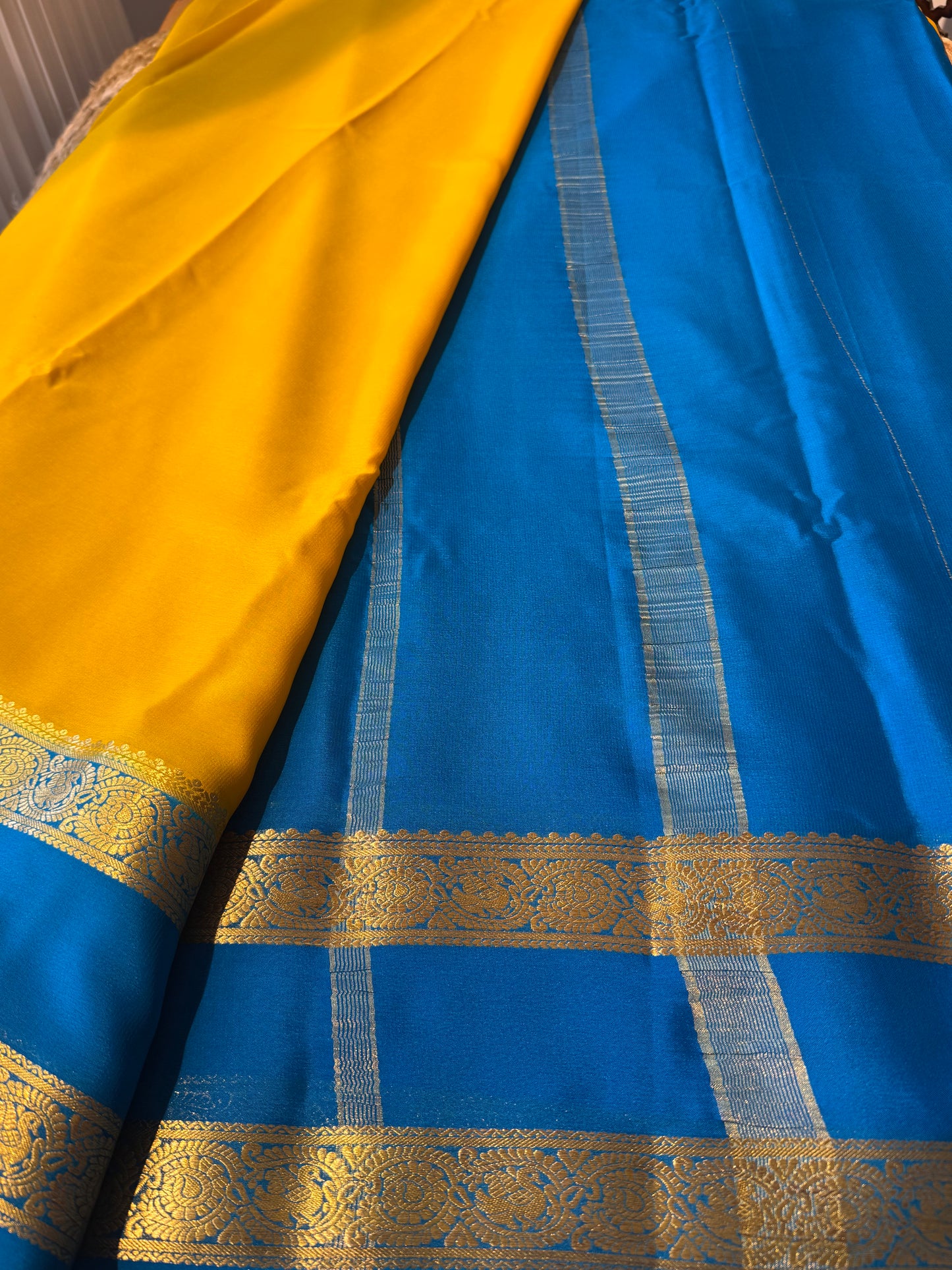 Yellow with Blue Pure Crepe Mysore Silk Saree