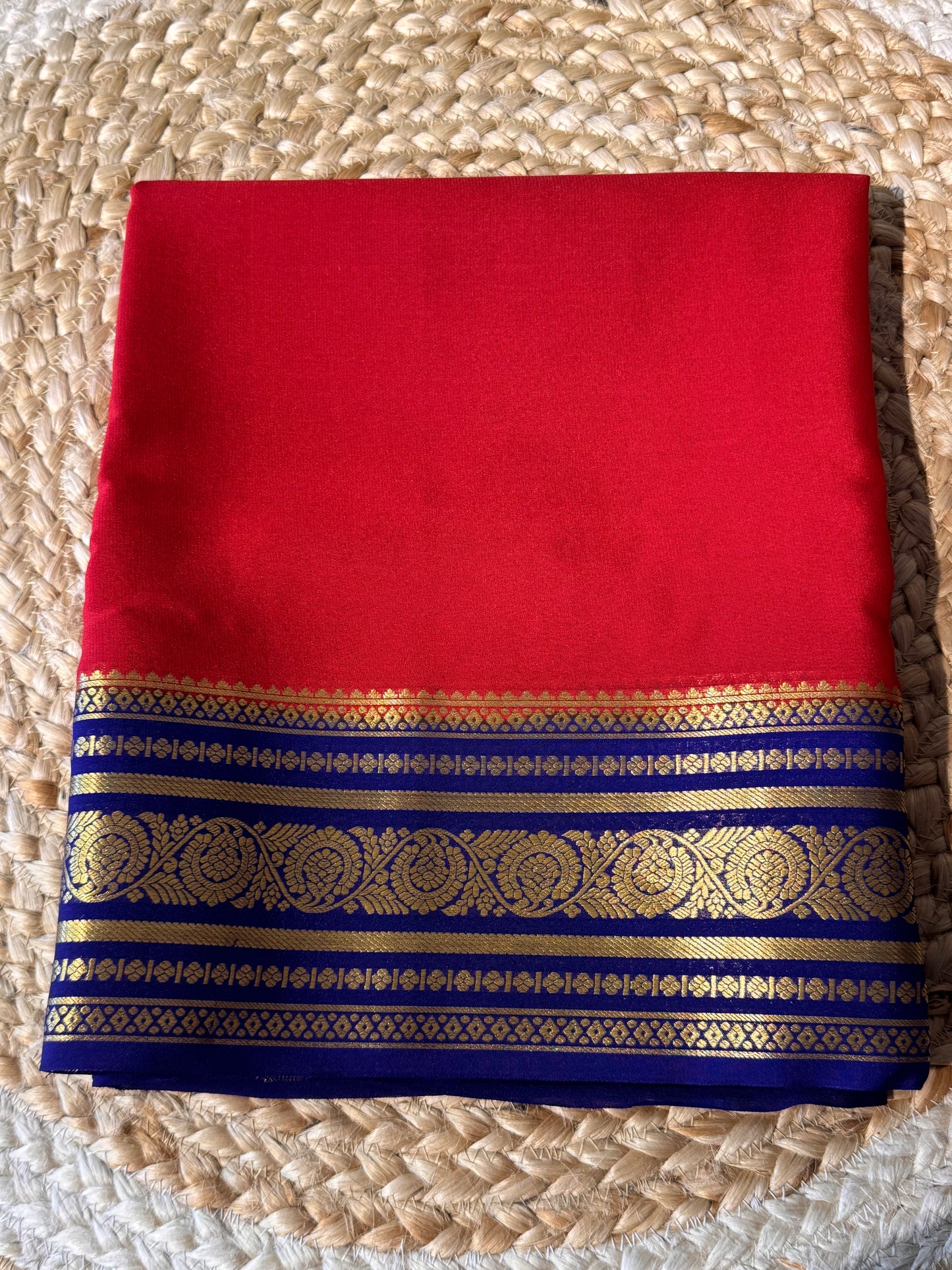 Red with Blue Pure Crepe Mysore Silk Saree
