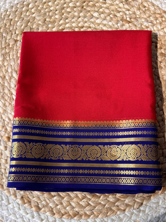 Red with Blue Pure Crepe Mysore Silk Saree