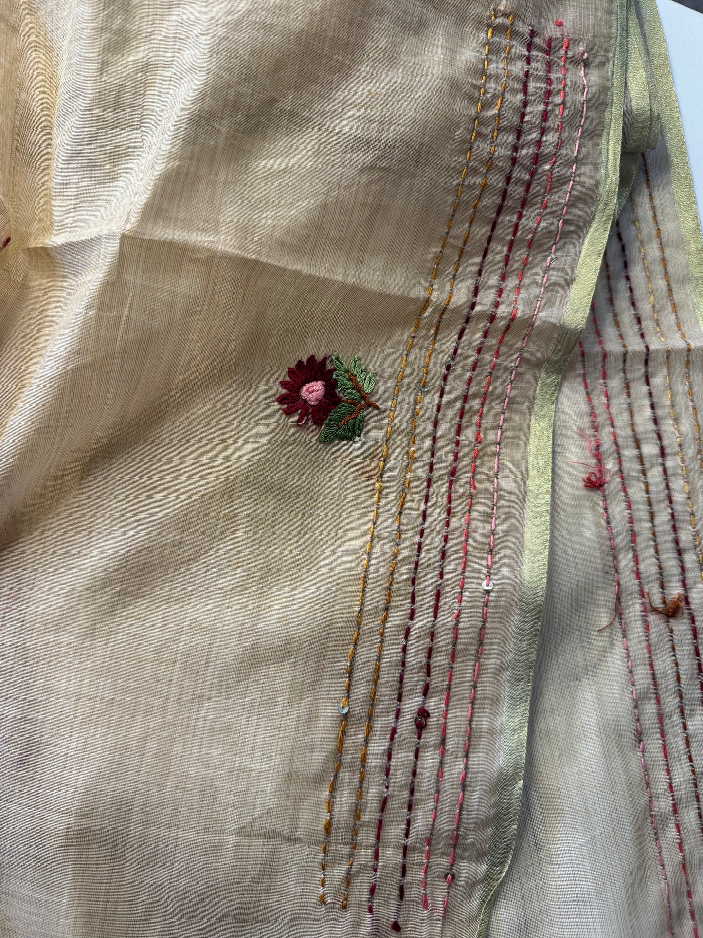 Cream French knot Hand Embroidered Tussar Saree