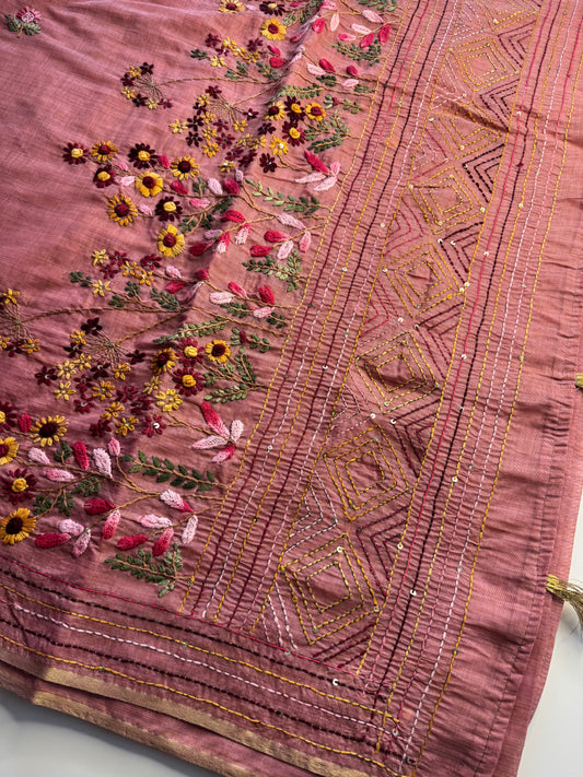 Pink French knot Hand Embroidered Tussar Saree