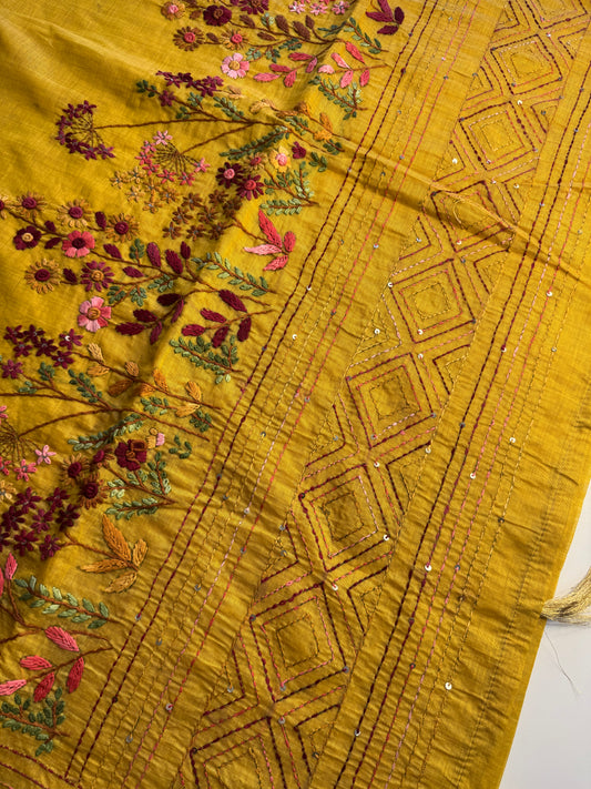 Yellow French knot Hand Embroidered Tussar Saree