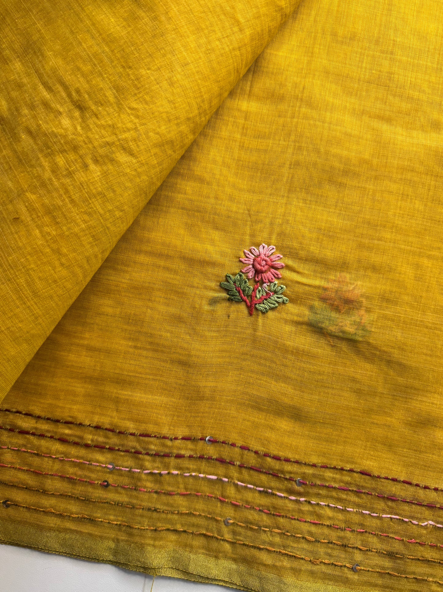 Yellow French knot Hand Embroidered Tussar Saree