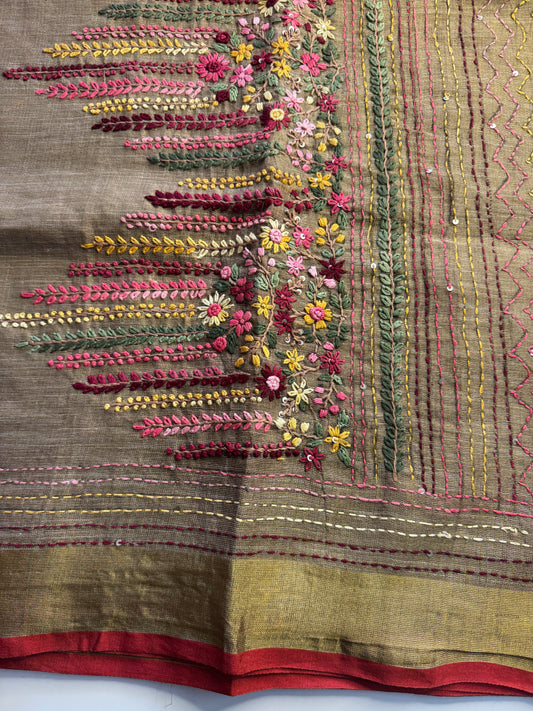 Brown French knot Hand Embroidered linen Saree