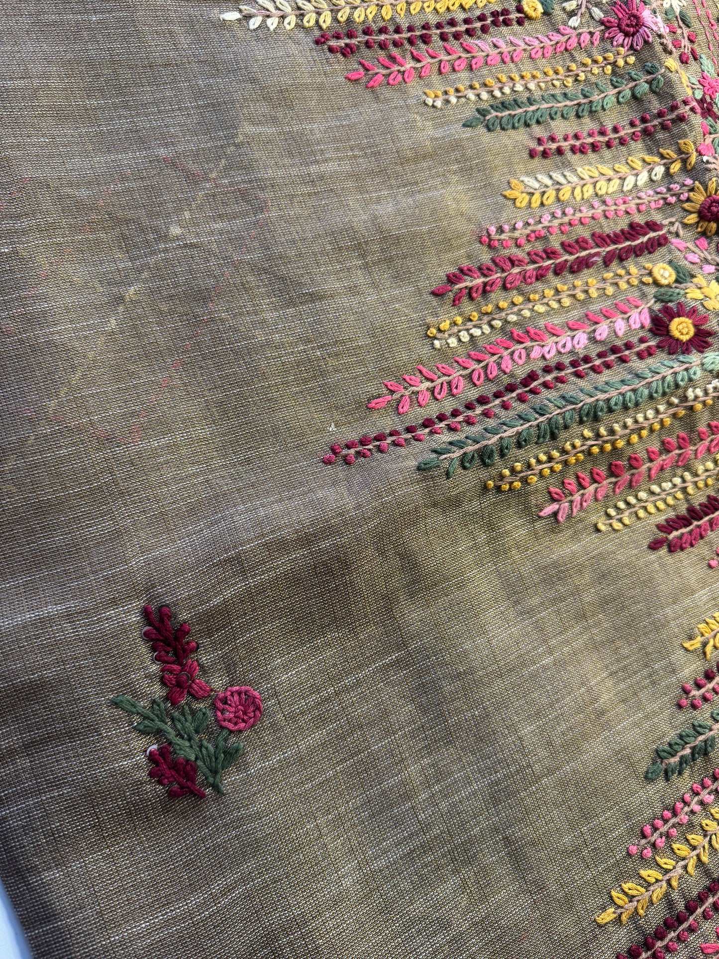 Brown French knot Hand Embroidered linen Saree