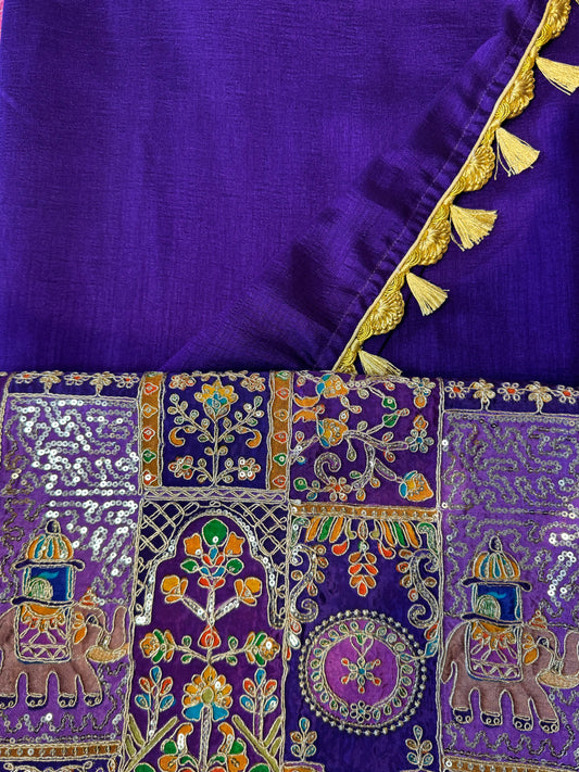 Purple Ambari Special Blouse Material + Kashmiri Silk Plain Saree (Gold Tassels)