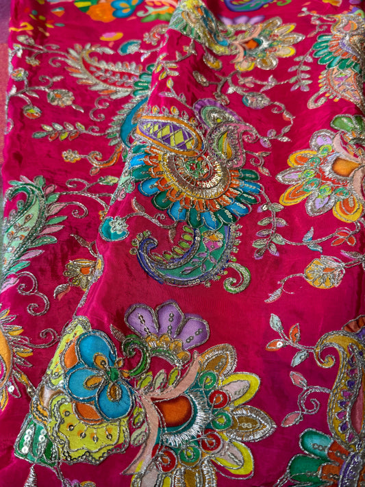 Bright Pink kalamkari Crepe Blouse Piece/Material