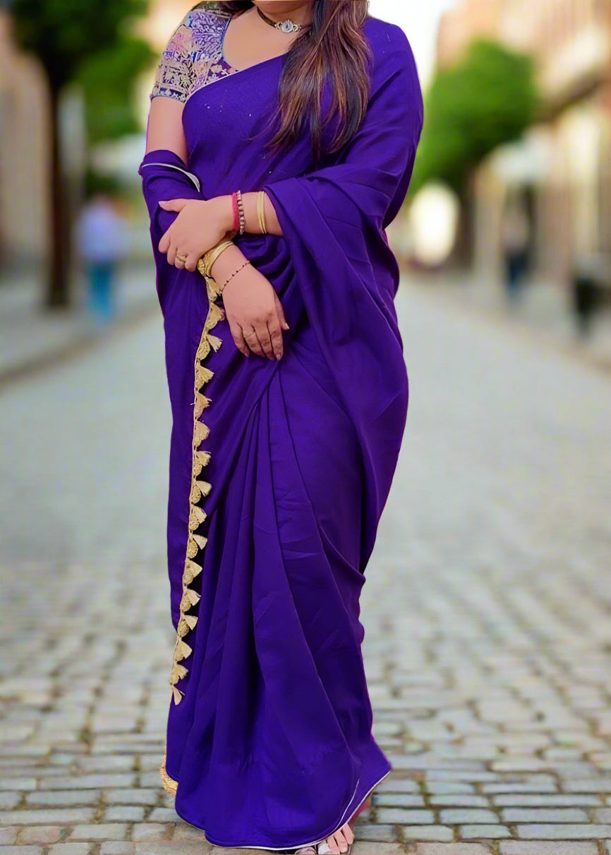 Purple Ambari Special Blouse Material + Kashmiri Silk Plain Saree (Gold Tassels)