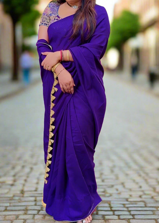 Purple Ambari Special Blouse Material + Kashmiri Silk Plain Saree (Gold Tassels)
