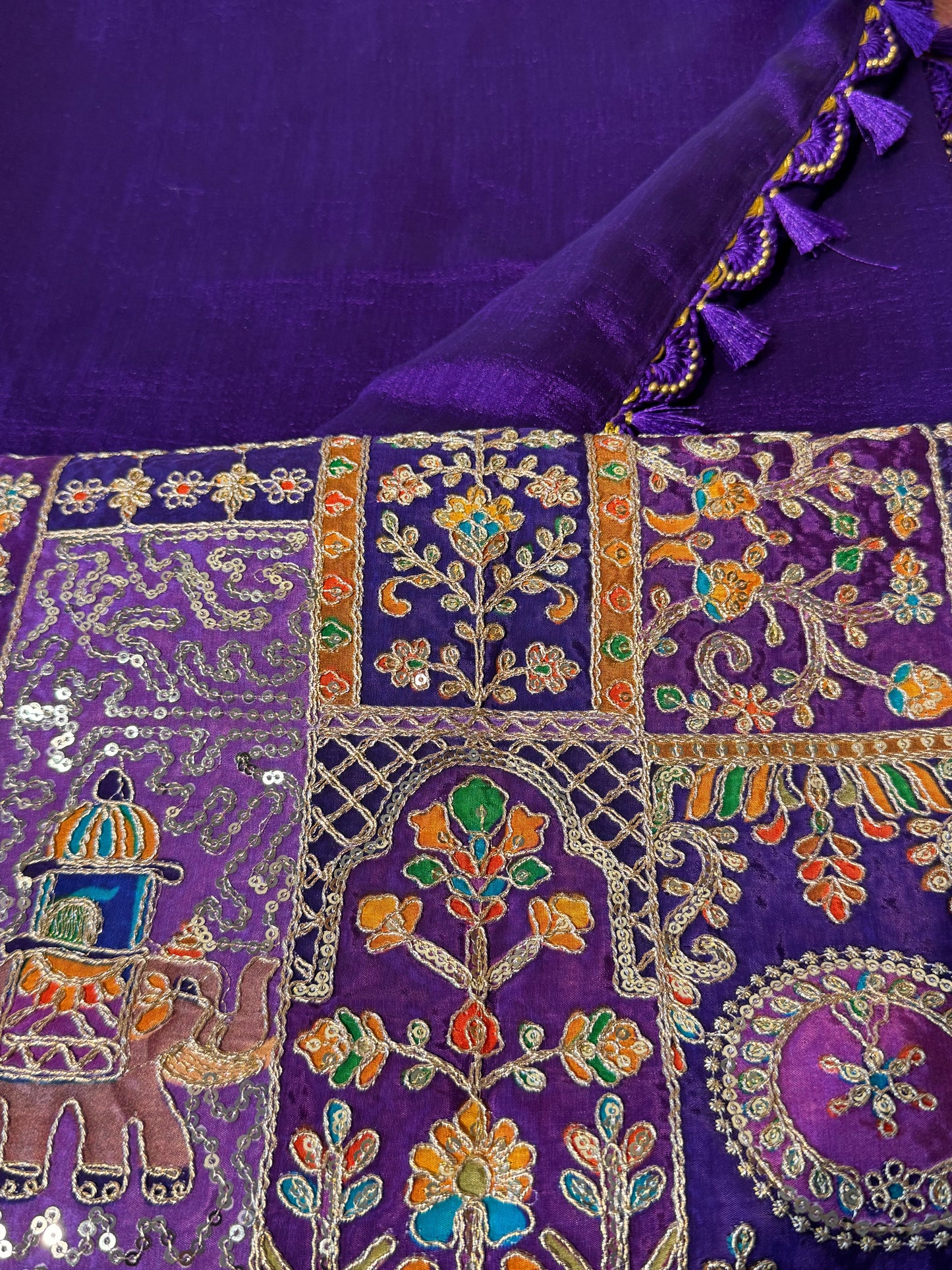 Purple Ambari Special Blouse Material + Kashmiri Silk Plain Saree (Purple tassles)