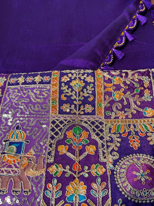 Purple Ambari Special Blouse Material + Kashmiri Silk Plain Saree (Purple tassles)