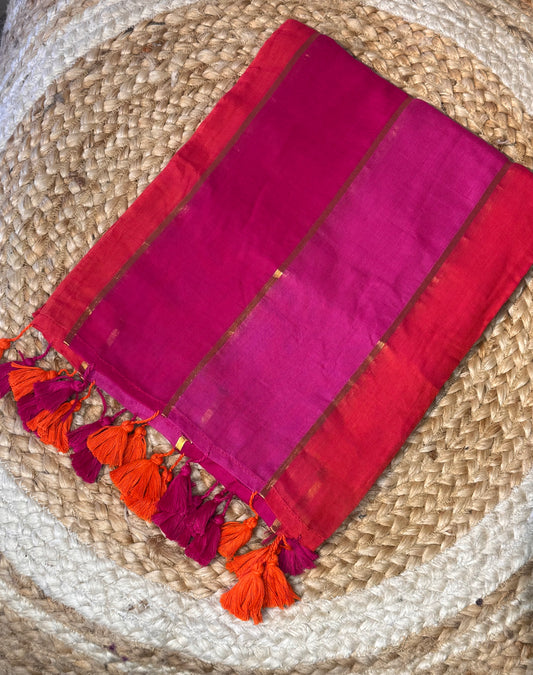 Pink with Orange Mul Cotton Saree