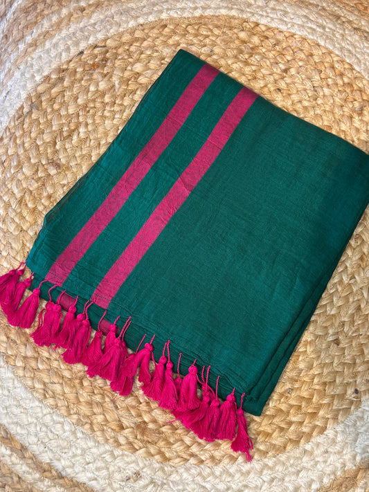 Green with Pink Mul Cotton Saree