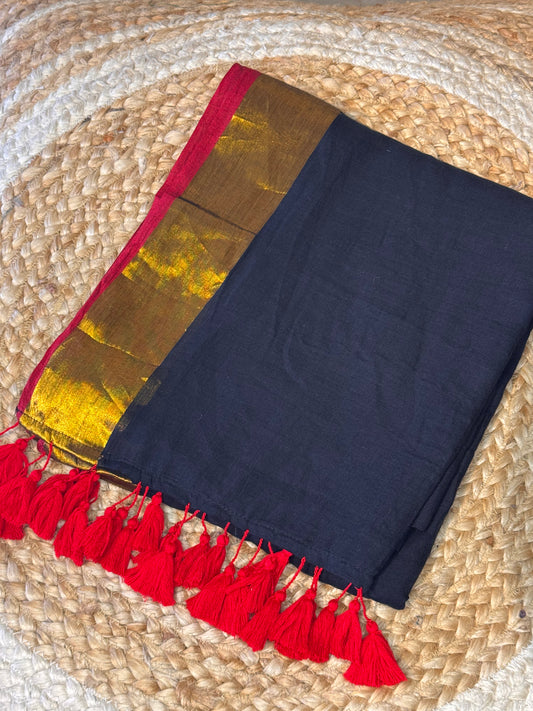 Black with Red/Gold Mul Cotton Saree
