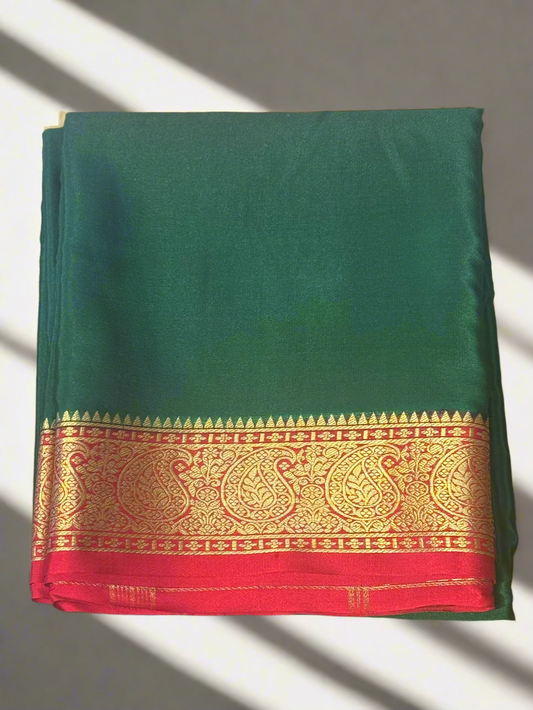 Green with Red Pure Crepe Mysore Silk Saree (Red Mango Border)