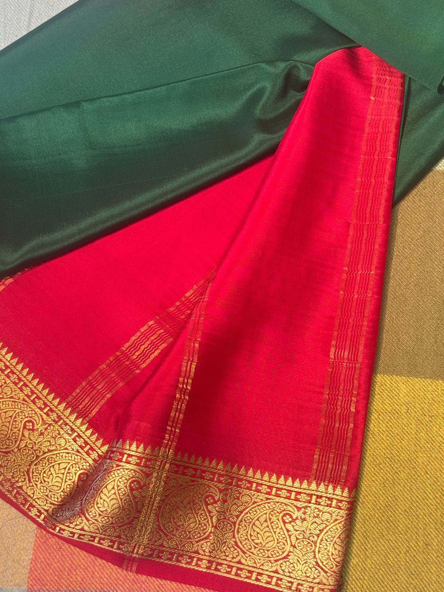 Green with Red Pure Crepe Mysore Silk Saree (Red Mango Border)