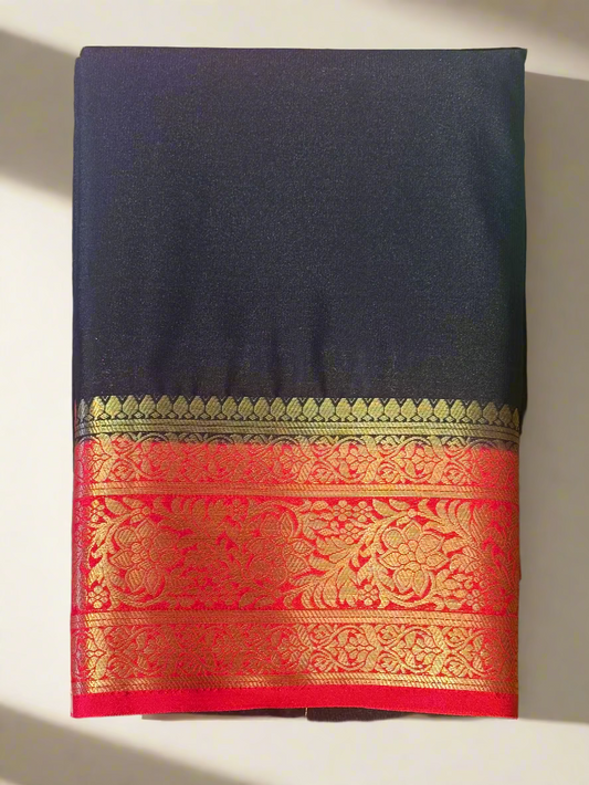 Semi Mysore Crepe Silk (Black with Red)