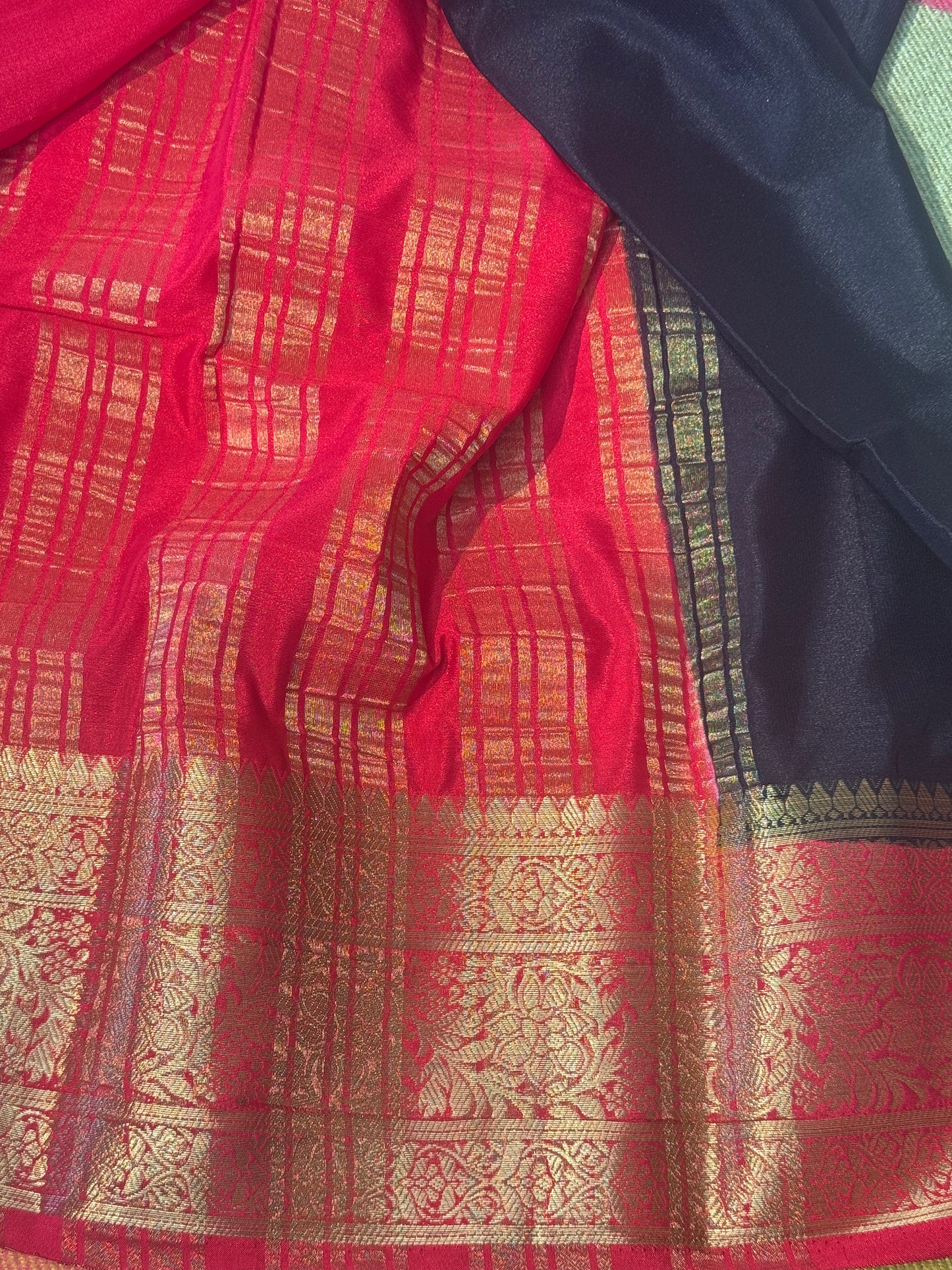 Semi Mysore Crepe Silk (Black with Red)
