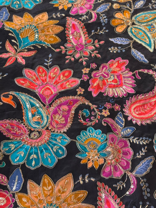 Black Multi Colour kalamkari Crepe Blouse Piece/Material-B01