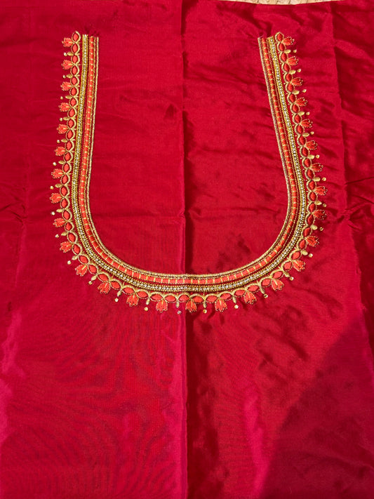 Red Silk Blouse Material with Embroidery work