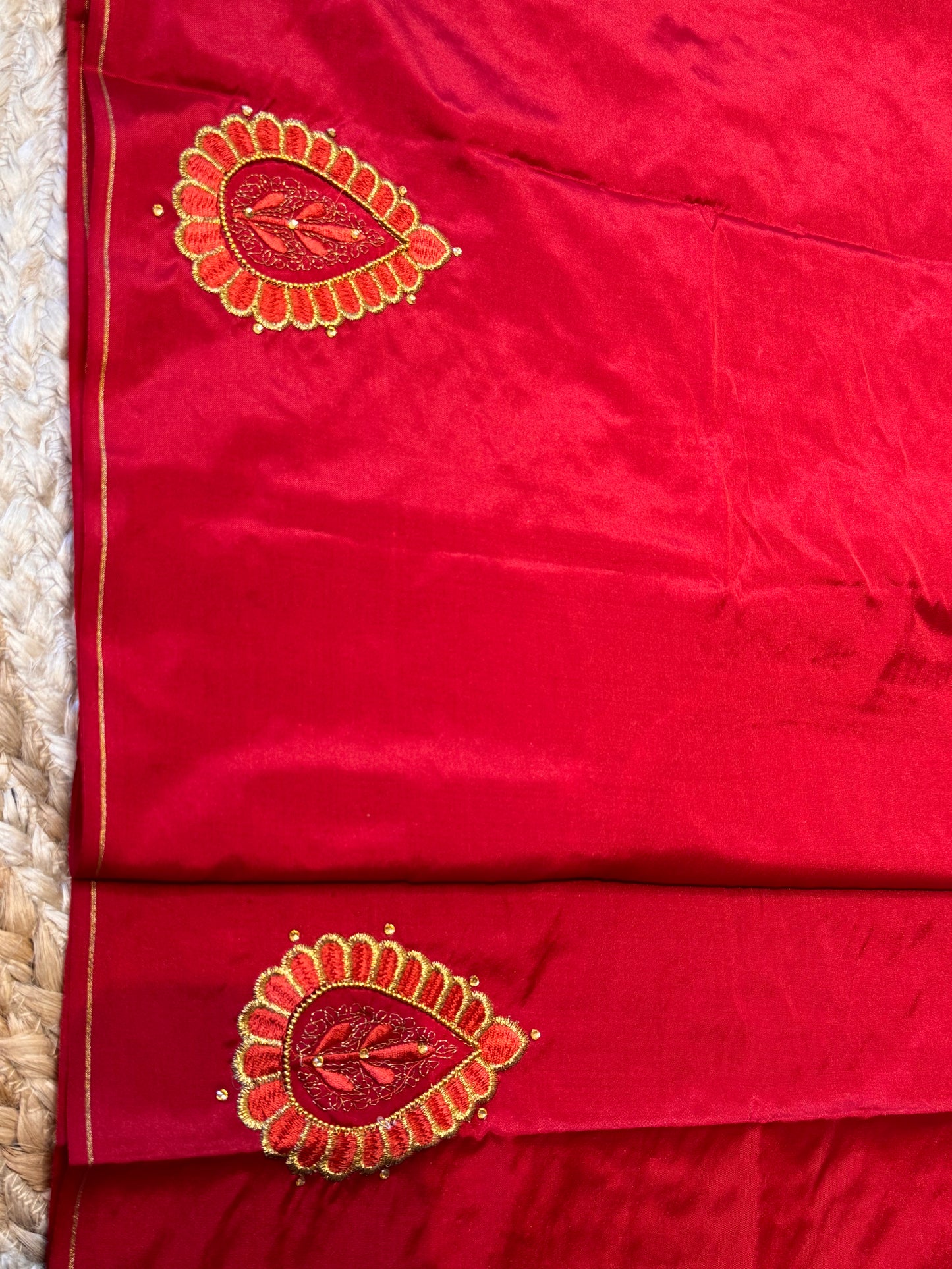 Red Silk Blouse Material with Embroidery work