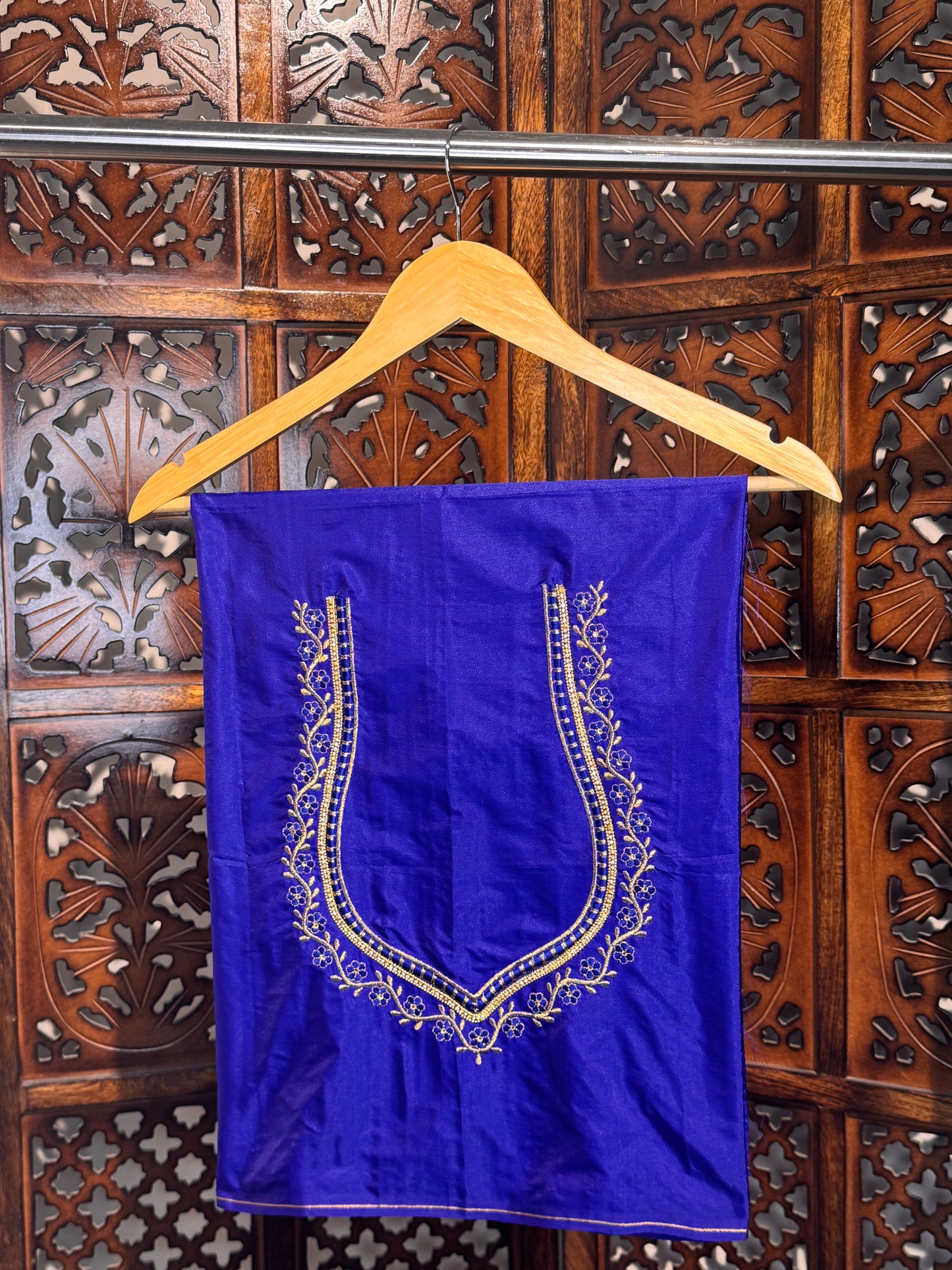 Royal Blue Silk Blouse Material with Embroidery work