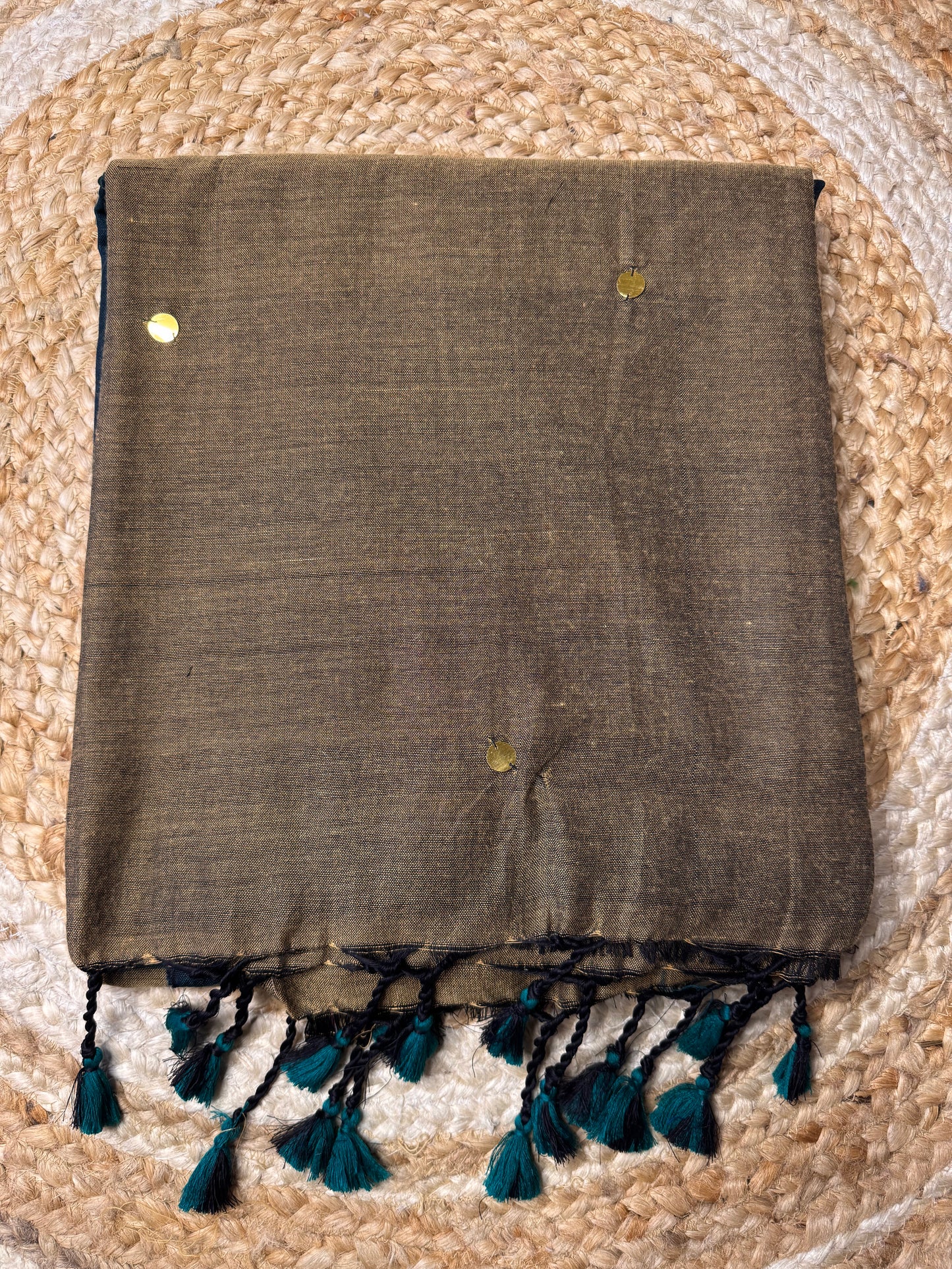 Brown with Peacock Blue Khadi Cotton Saree