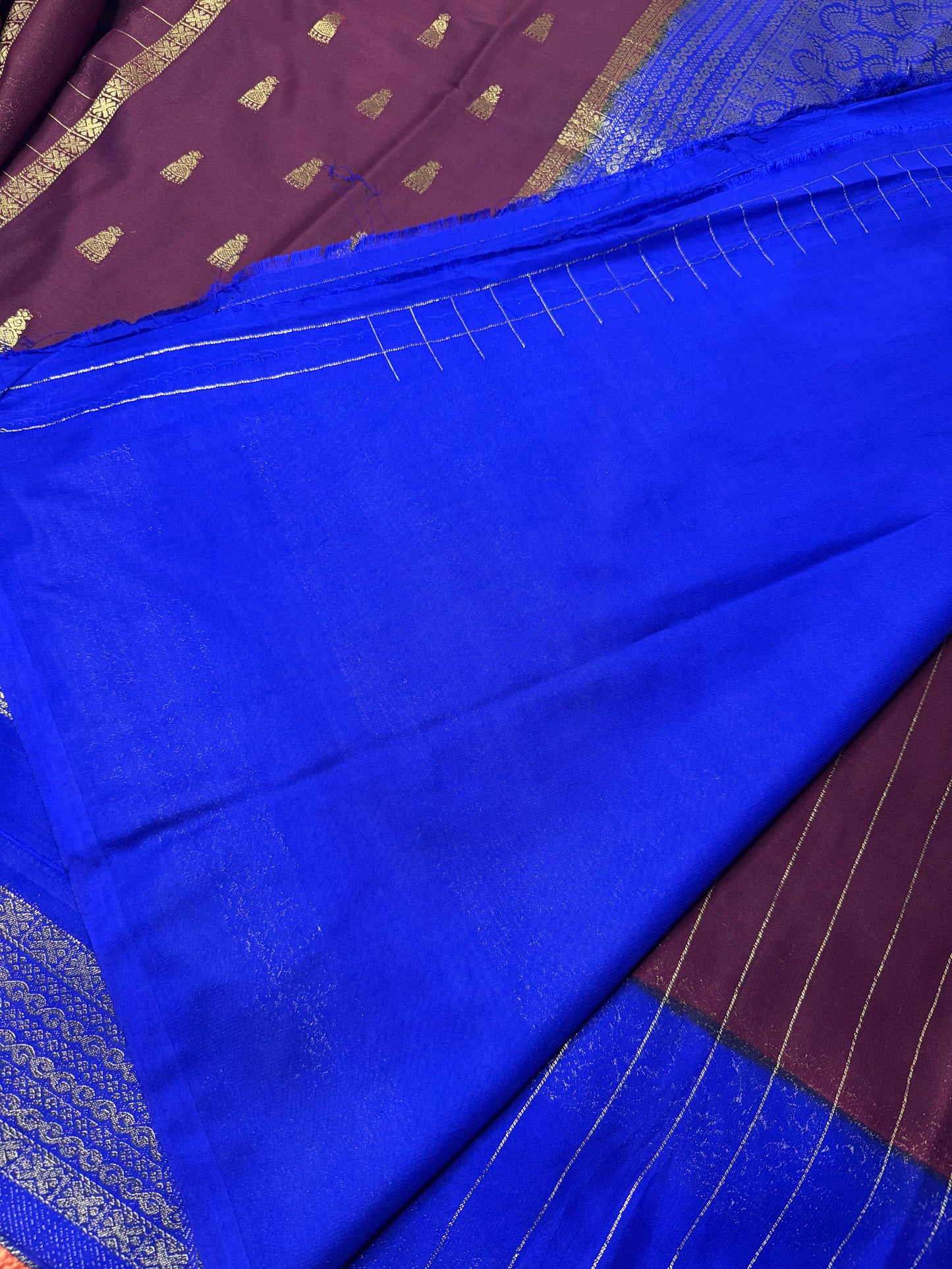 Maroon with Blue Jhumka Semi Mysore Crepe Silk