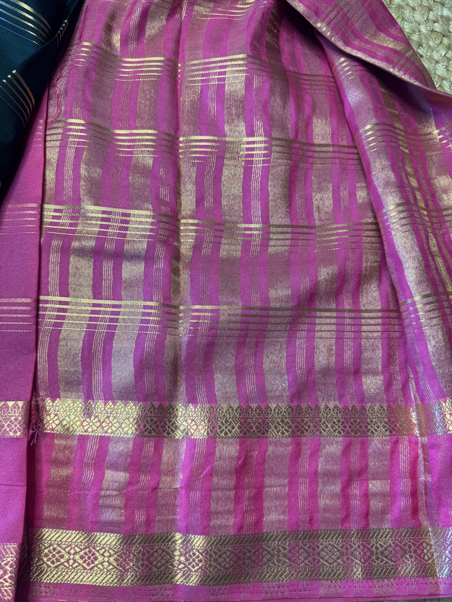 Dark Green with Pink Bentex Semi Mysore Crepe Silk