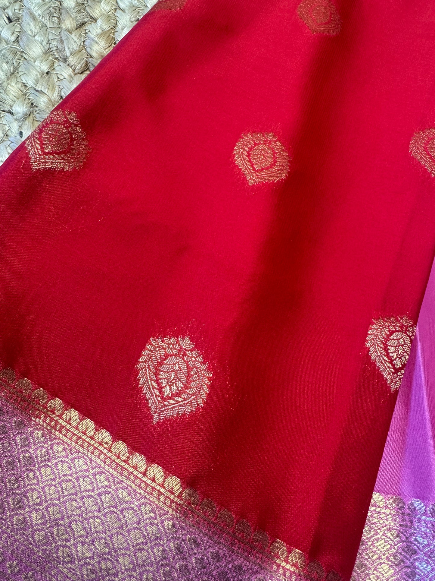 Red with Pink Bentex Semi Mysore Crepe Silk (Big Motives)