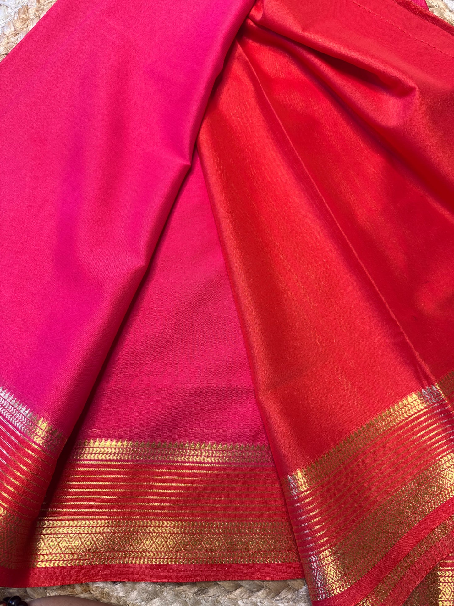 Red with Pink Lines Bentex Semi Mysore Crepe Silk