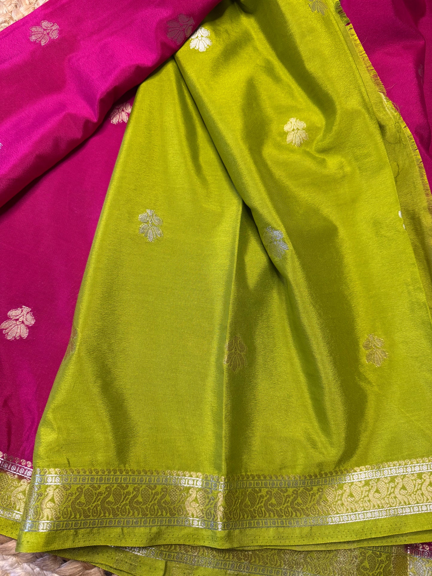 Pink with green Semi Mysore Silk (Gold and Silver Zari)