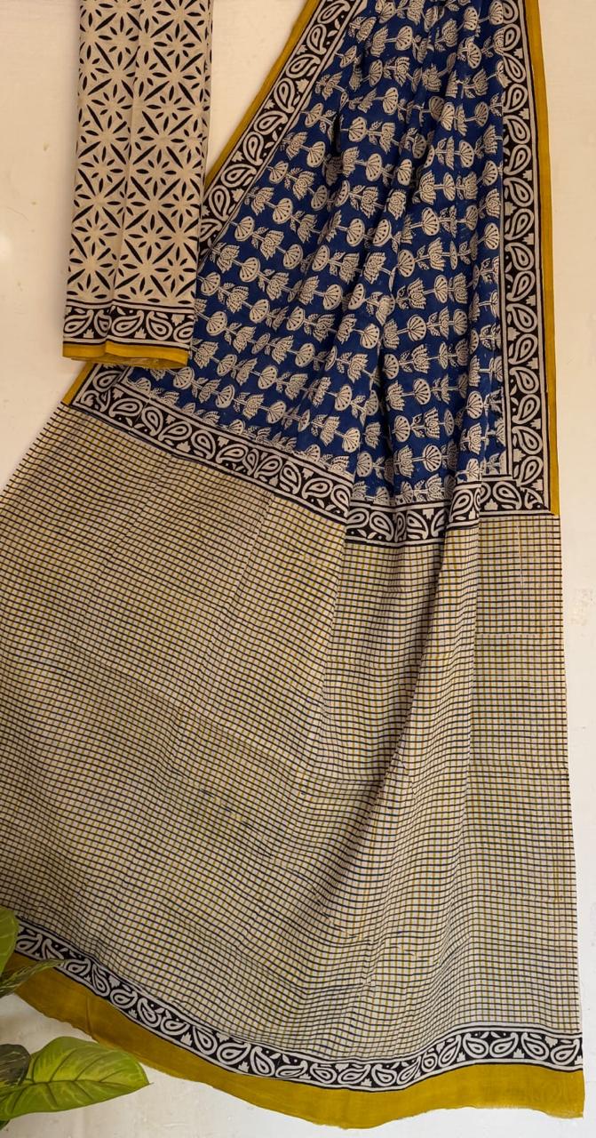 Blue Traditional Hand Block Pure Cotton Saree