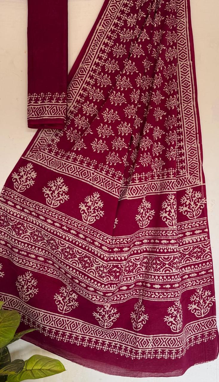 Maroon Traditional Hand Block Pure Cotton Saree