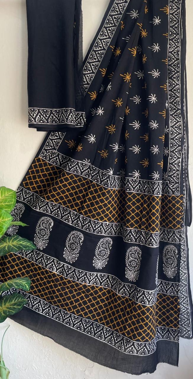 Black with Yellow Traditional Hand Block Pure Cotton Saree