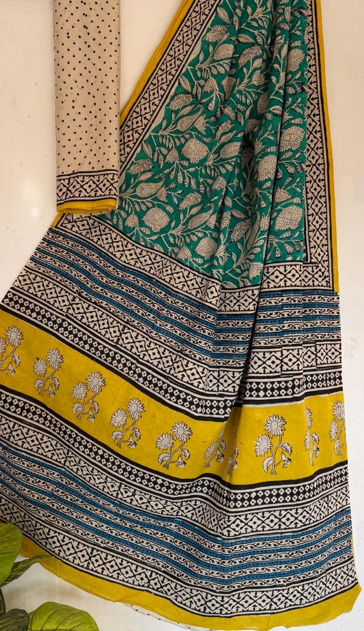 Green Traditional Hand Block Pure Cotton Saree