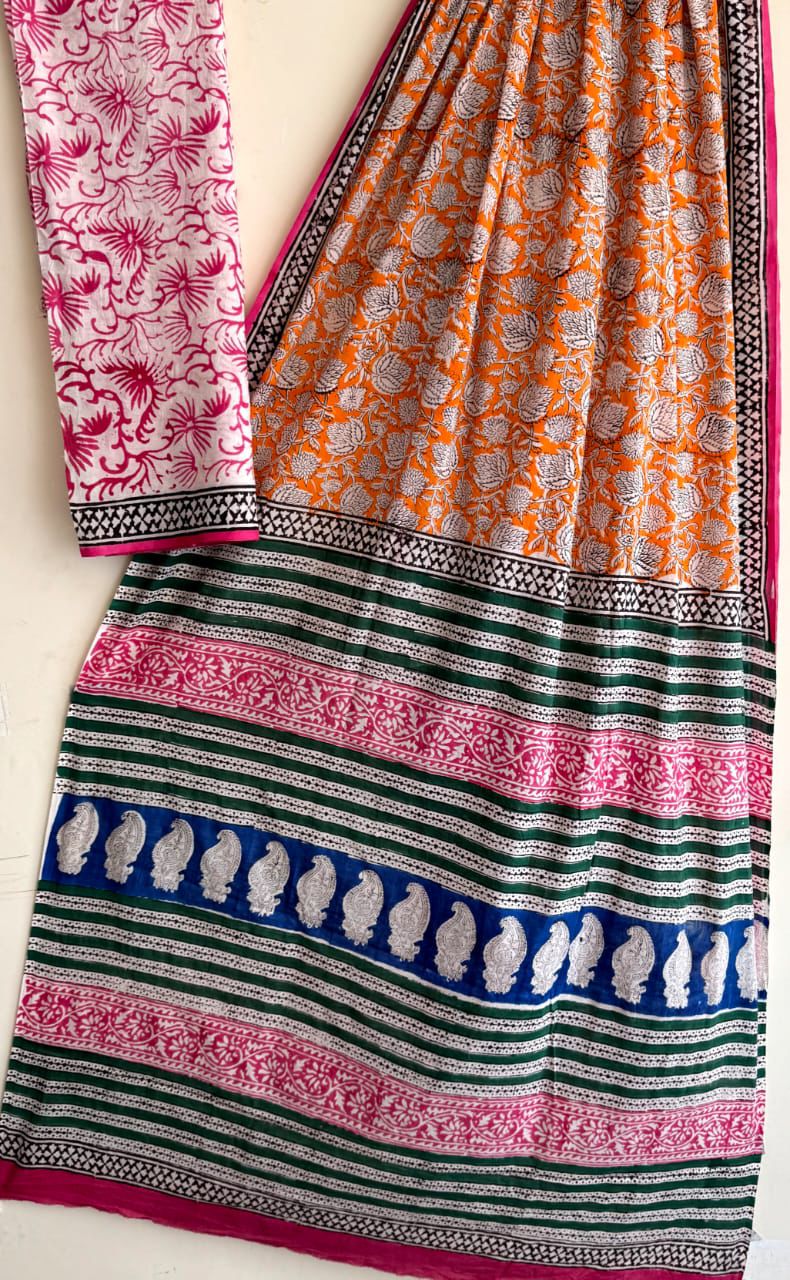 Orange Traditional Hand Block Pure Cotton Saree