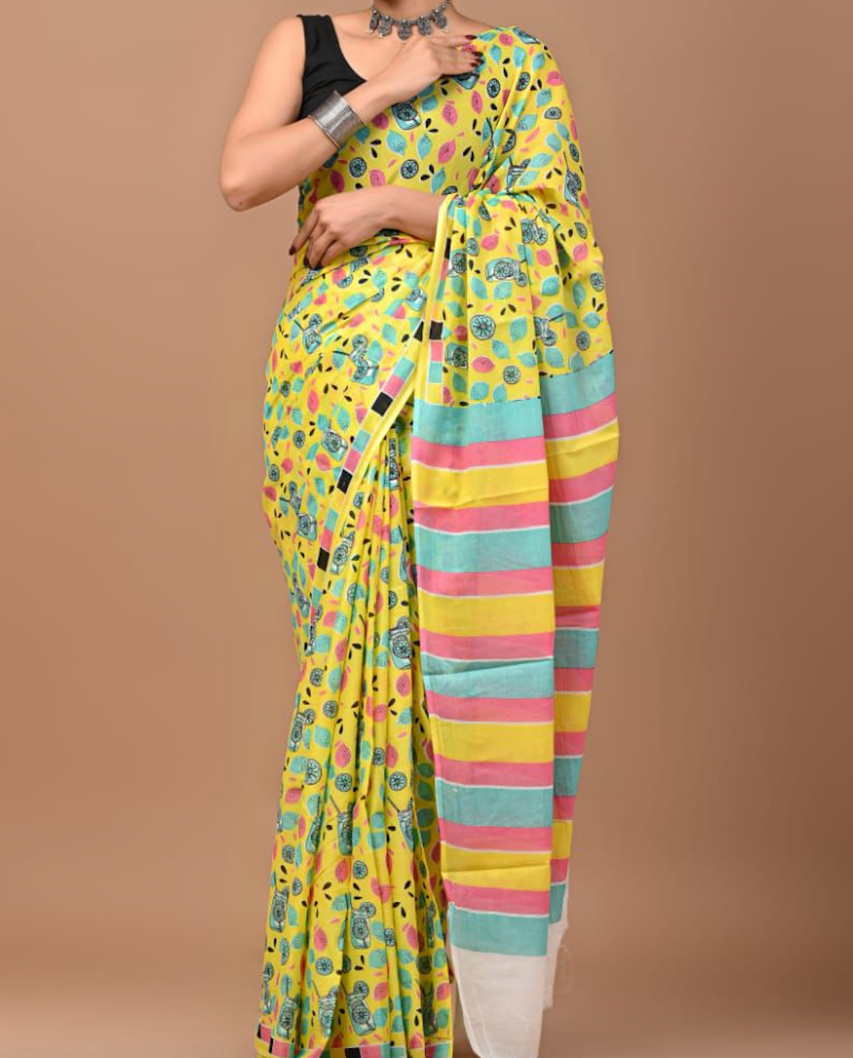 Yellow Quirky Print Hand Block Mul Cotton Saree