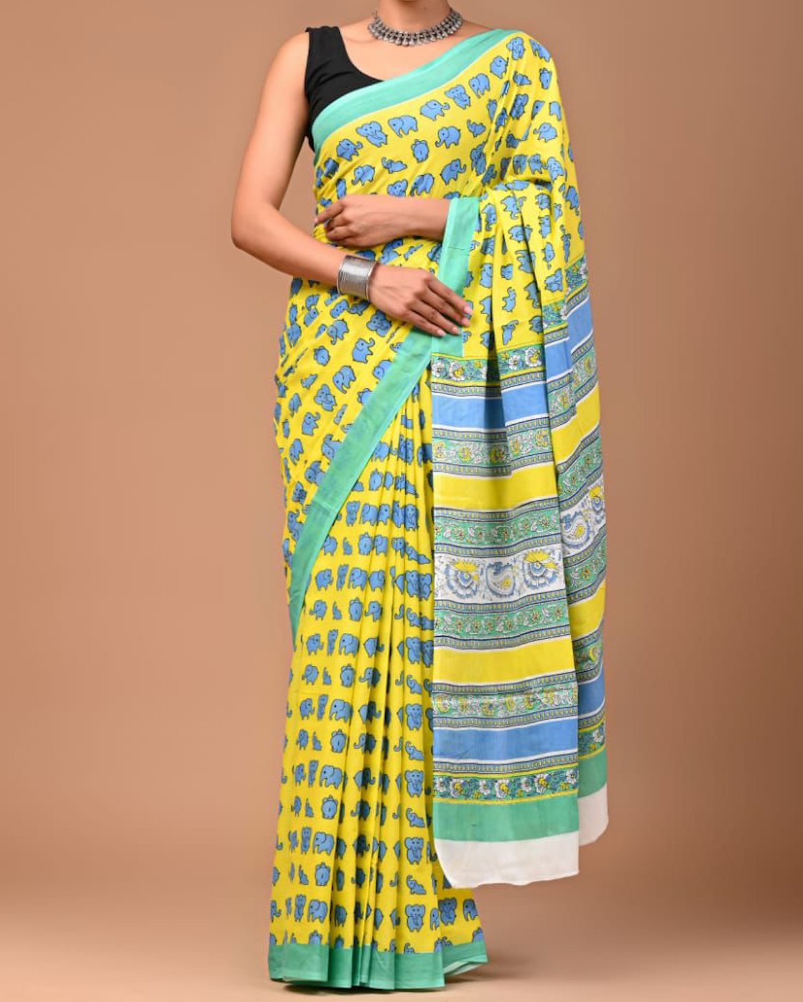 Yellow Elephant Hand Block Mul Cotton Saree