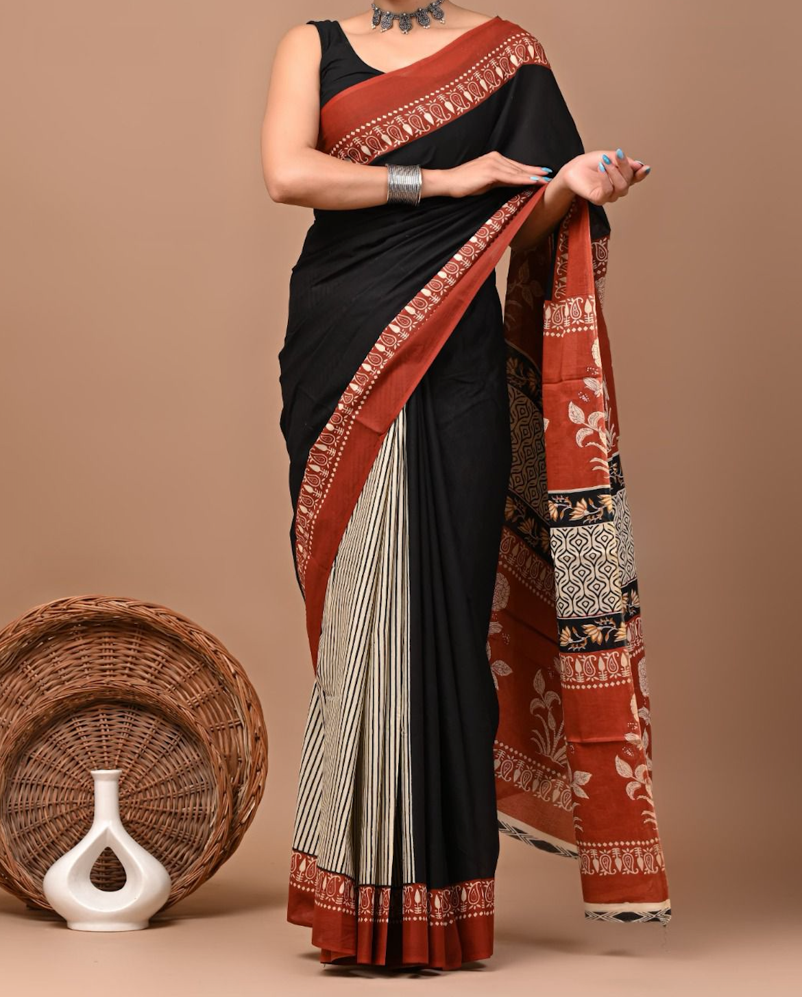 Black Half n Half Traditional Hand Block Pure Cotton Saree