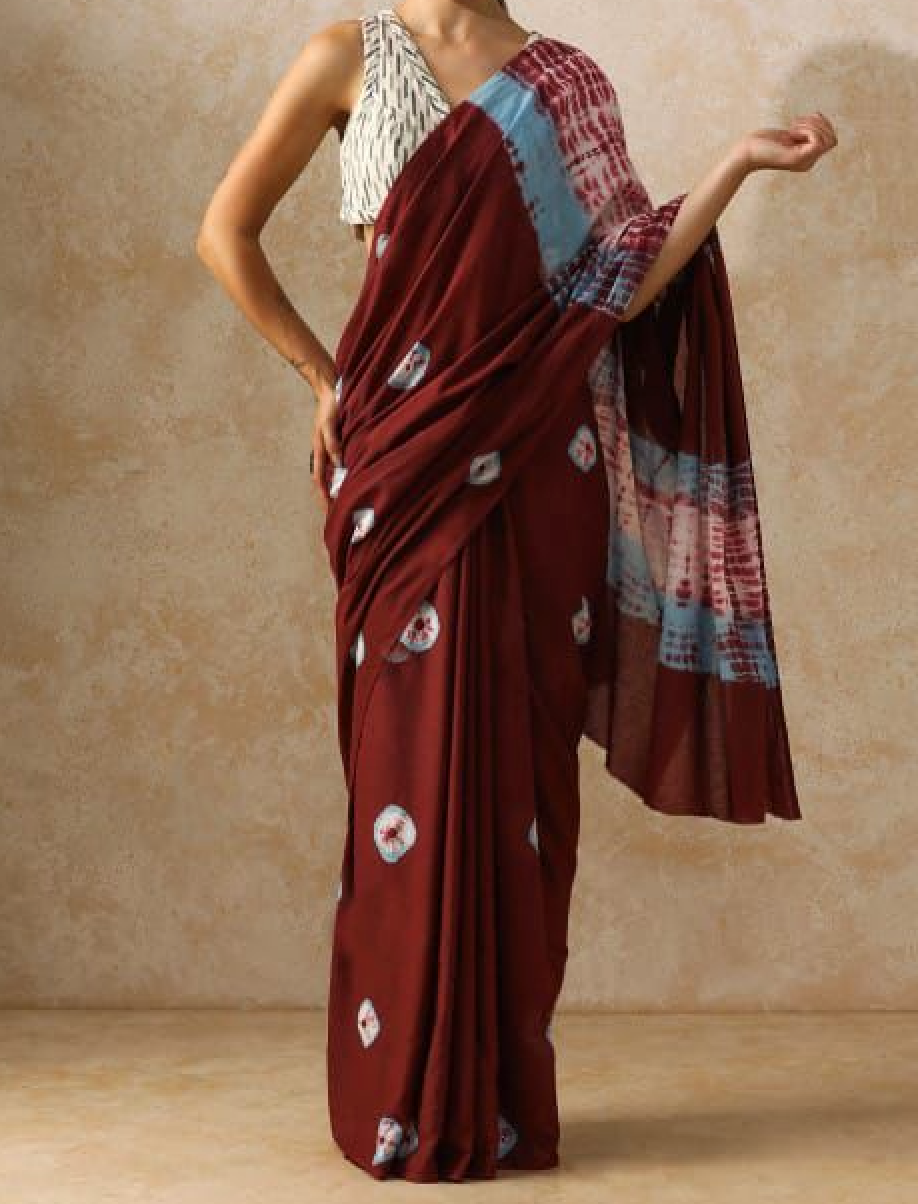Brink Brown Tie-Dye Hand Block Mul Cotton Saree