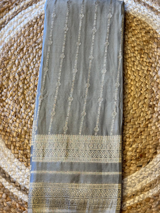 Grey and Pink Crepe Silk Saree