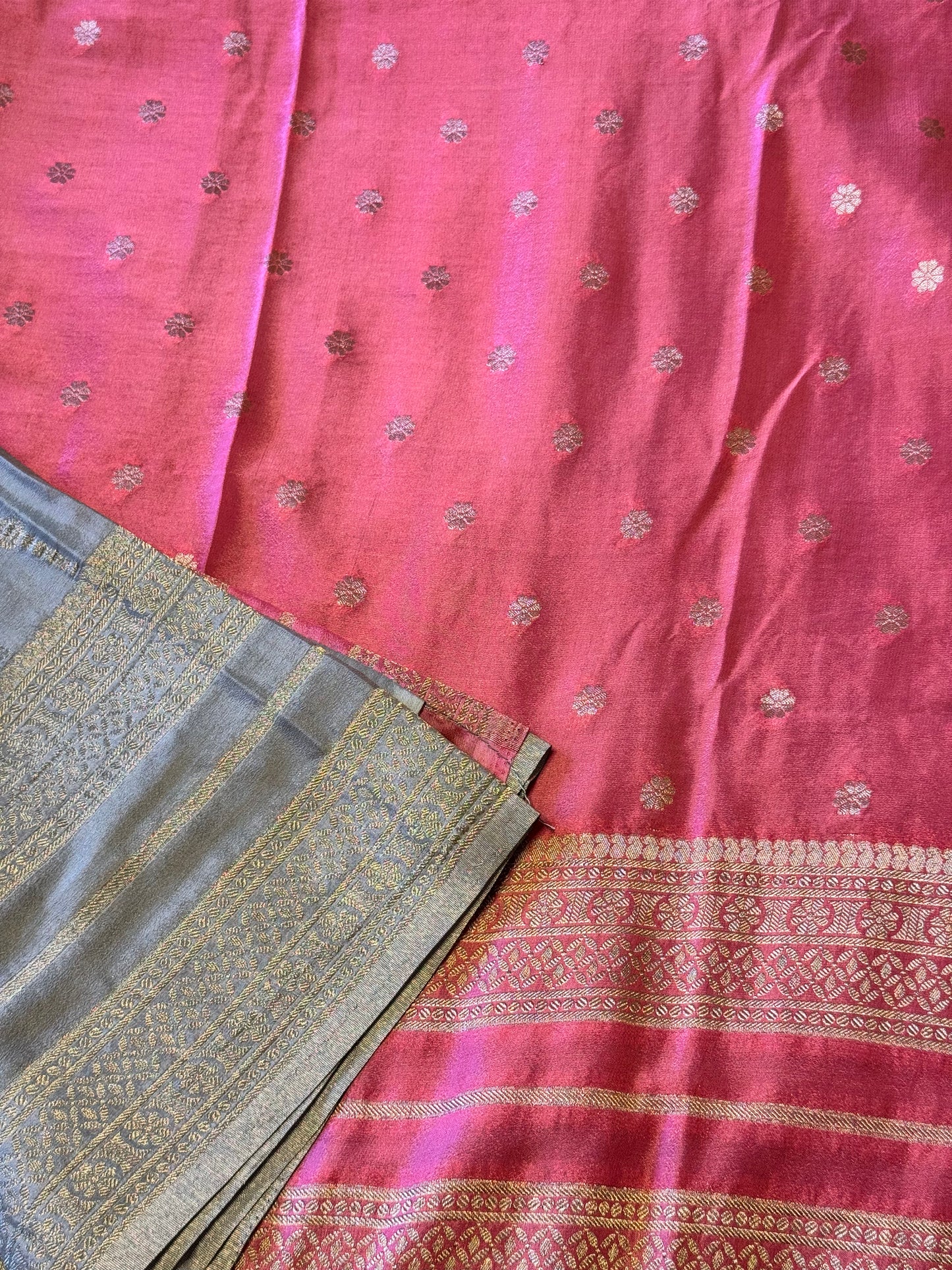 Grey and Pink Crepe Silk Saree