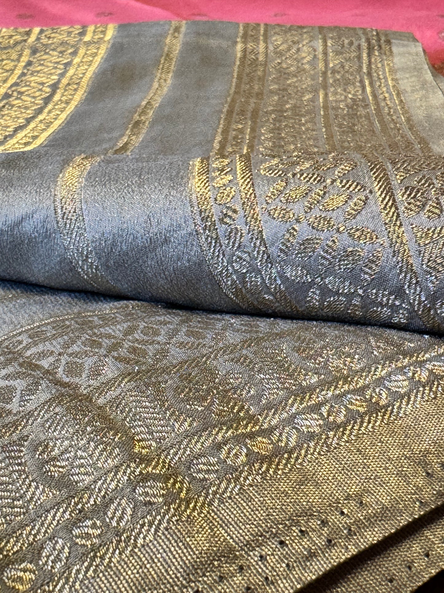 Grey and Pink Crepe Silk Saree