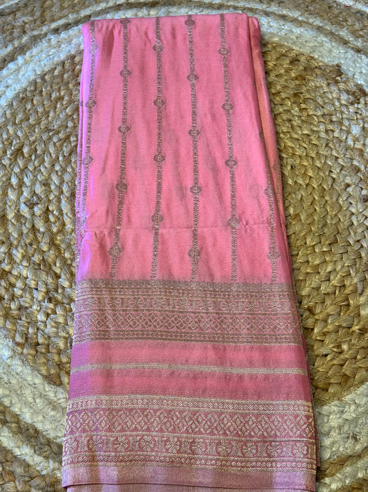 Baby Pink and Green Crepe Silk Saree